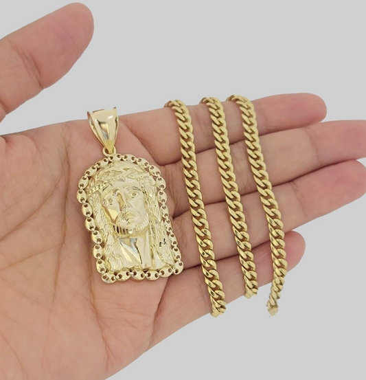 10kt Gold Miami Cuban Chain Jesus Head Charm Pendant 5mm 18-28Inch Necklace SALE