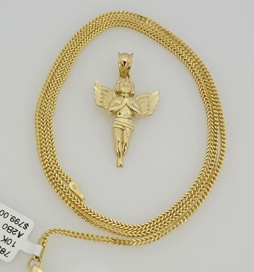 10k Gold Franco Chain Praying Angel Charm Pendant 1.5mm 16-24 Inch Necklace SALE