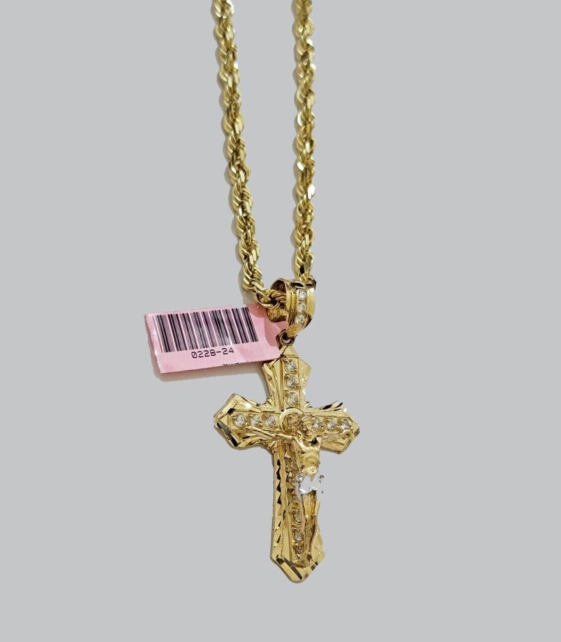 Solid 14kt Gold Rope Chain Necklace Jesus Cross Charm CZ Pendant 28'' Inches 4mm