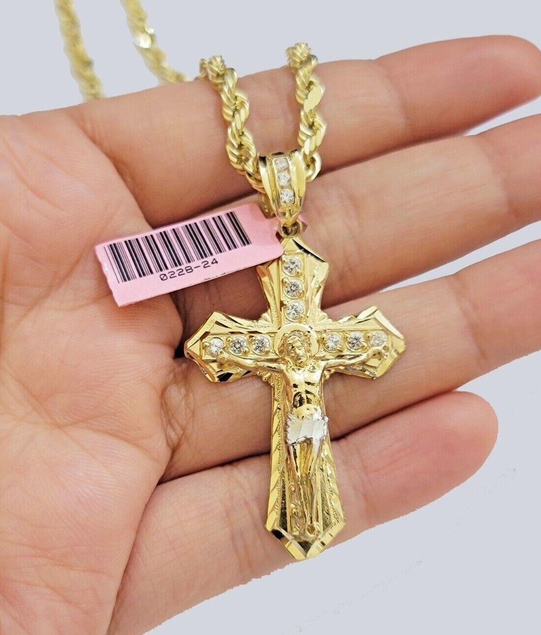 Solid 14kt Gold Rope Chain Necklace Jesus Cross Charm CZ Pendant 24'' Inches 4mm