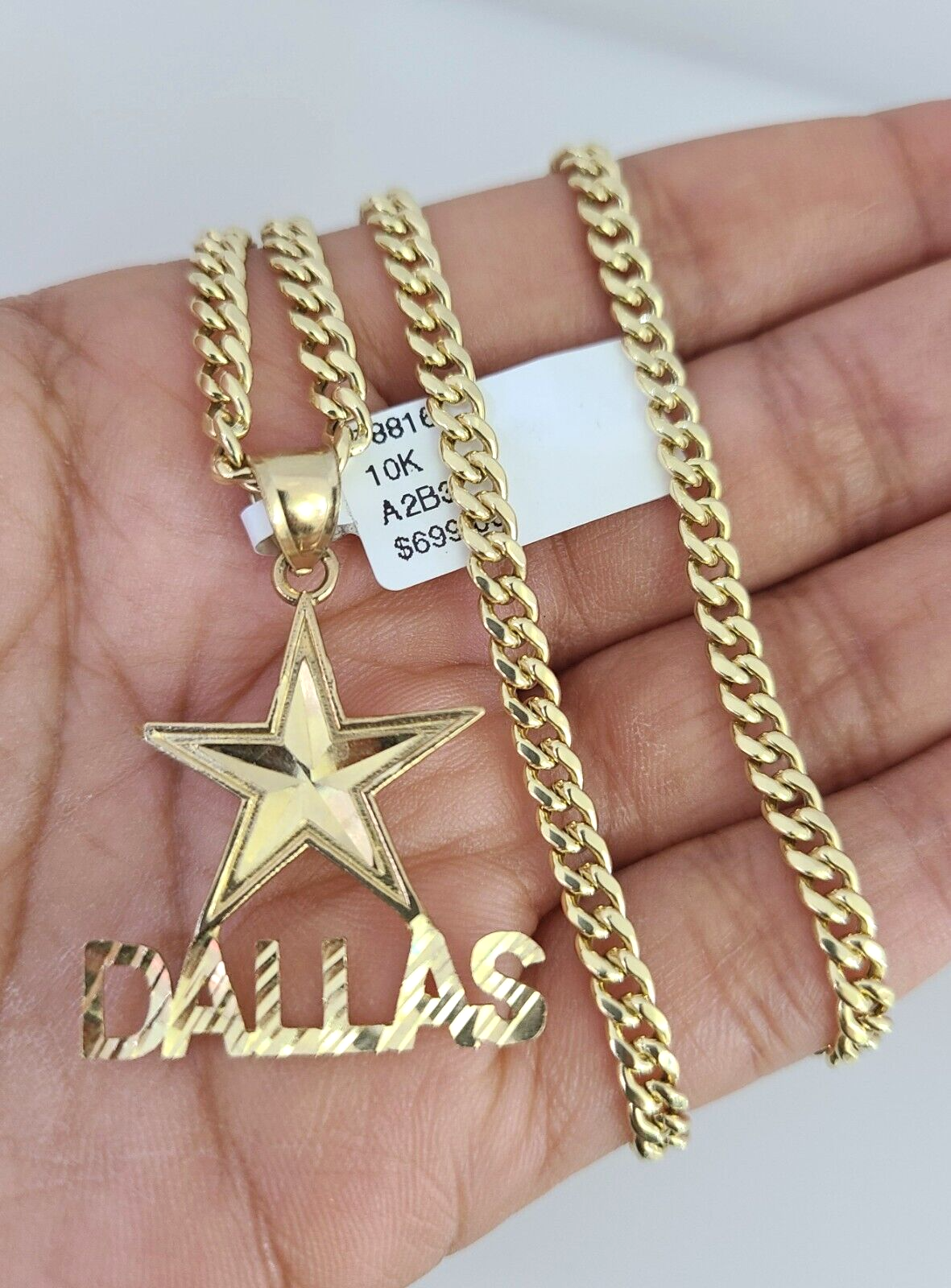 10k Gold Chain Dallas Star Pendant Set Miami Cuban Necklace 4mm 18"-26" Charm