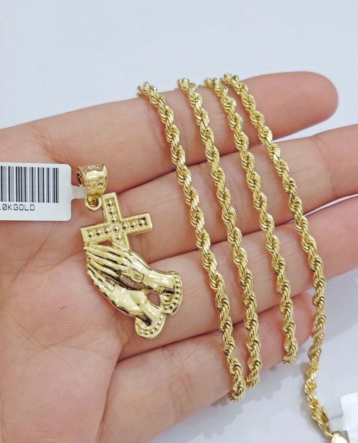 10k Gold Rope Chain Praying Hand Charm Pendant Set 18-28''Inch 3mm Necklace REAL