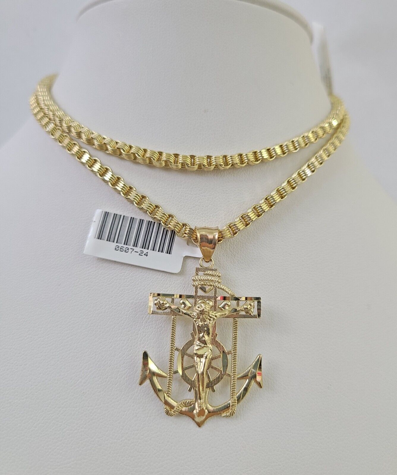 Real 10k Gold Box Byzantine Necklace Jesus Anchor Charm SET Chain 3mm 24" Inches