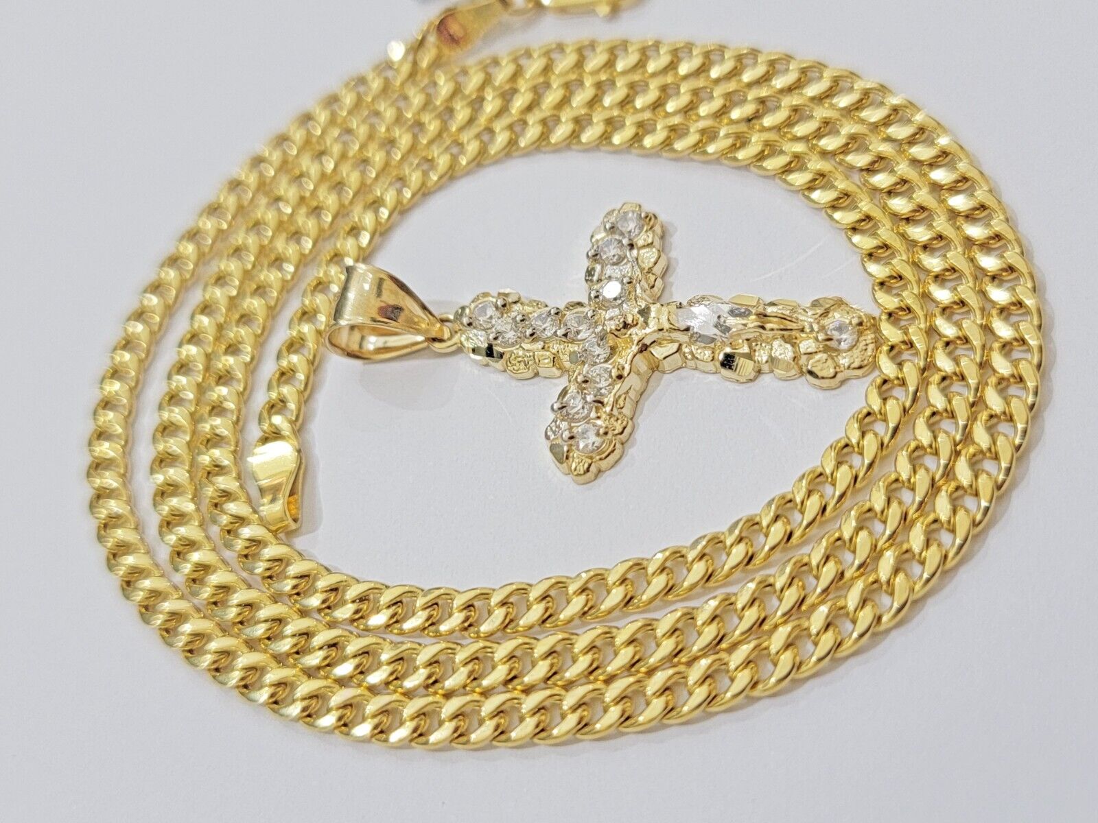 Real 10k Gold Cross Charm Pendant Chain SET 18-26" Miami Cuban Link Necklace Men
