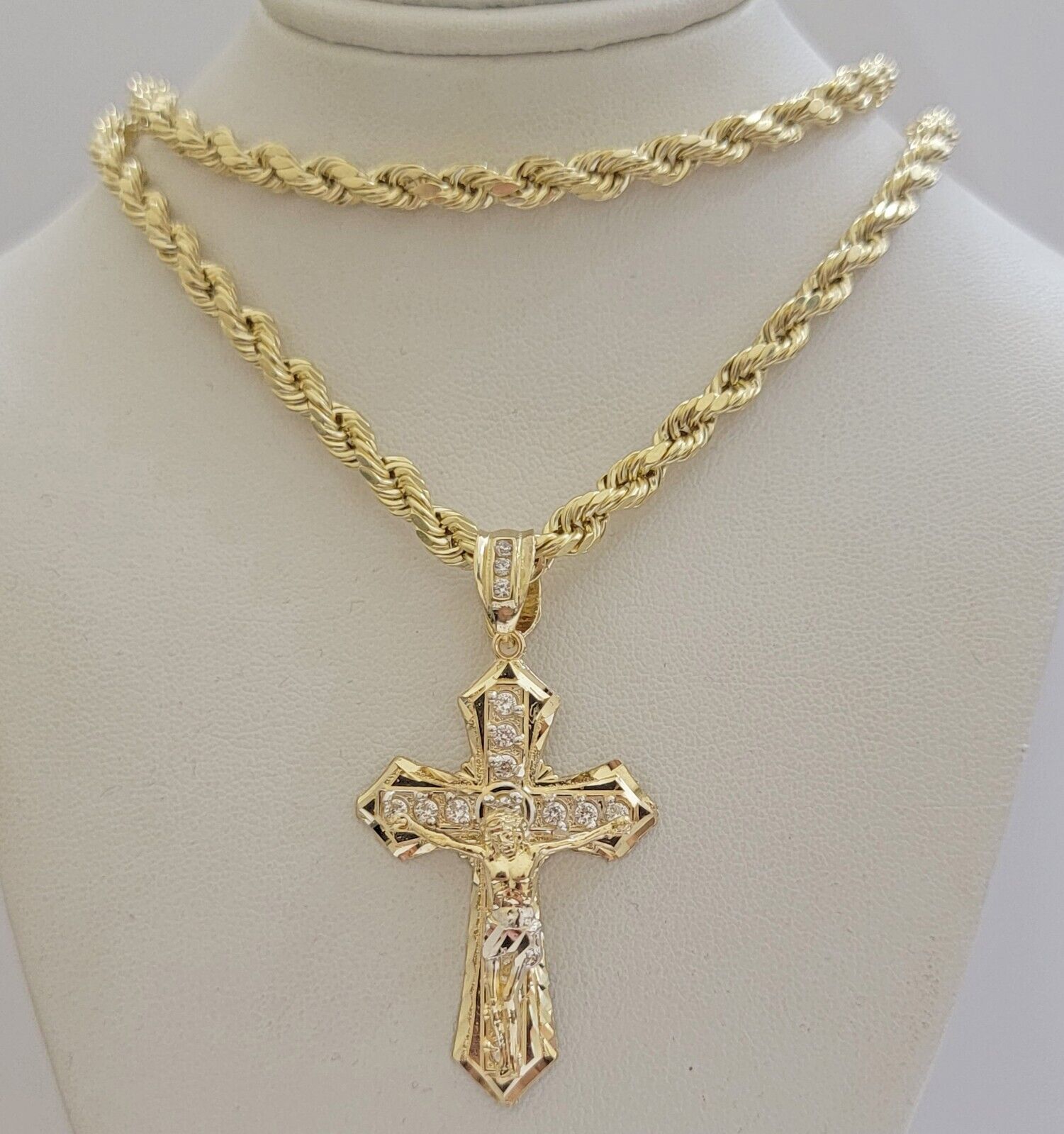 14k Gold Rope Chain Necklace Jesus Cross Charm Pendant Set 18-28