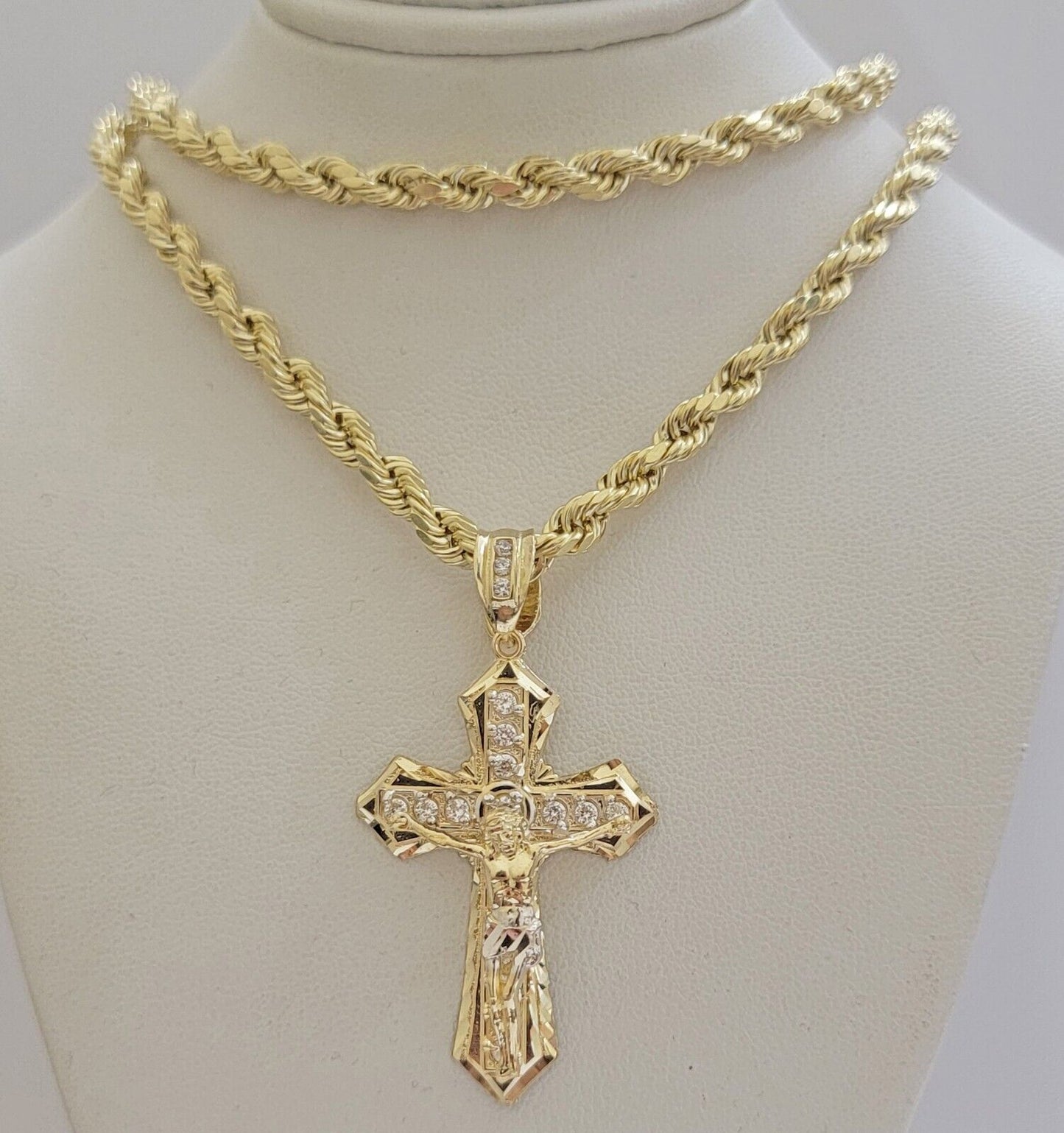 14k Gold Rope Chain Necklace Jesus Cross Charm Pendant Set 18-28" inch 5mm, REAL