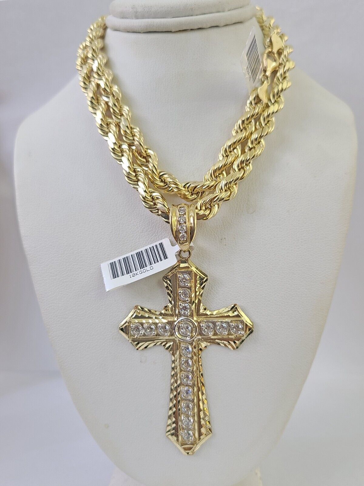 10k Rope Chain Yellow Gold Jesus Cross Charm Pendant 18-30'' Inches 8mm Necklace