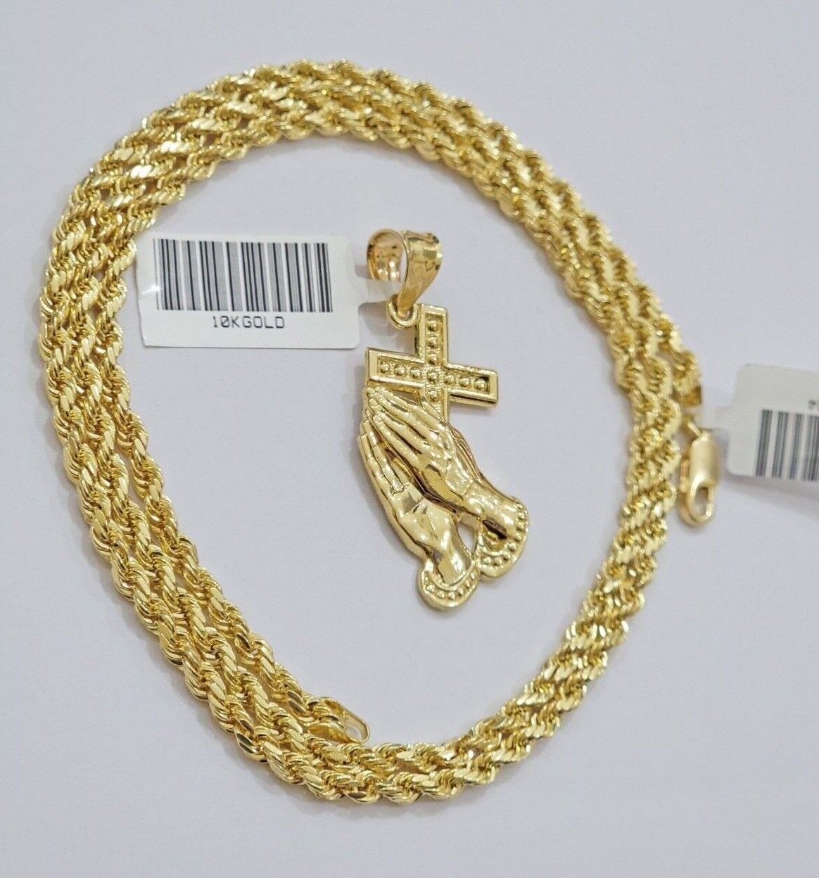 10k Gold Rope Chain Praying Hand Charm Pendant Set 18-28''Inch 3mm Necklace REAL