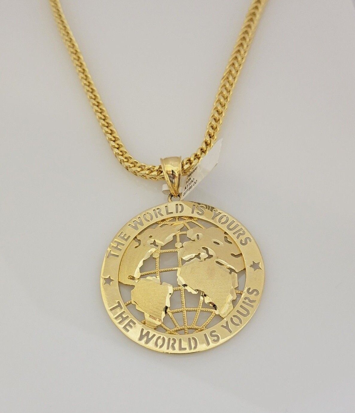 10k Yellow Gold Franco Chain Necklace World Map Charm Pendant 5mm 20-26'' Inches