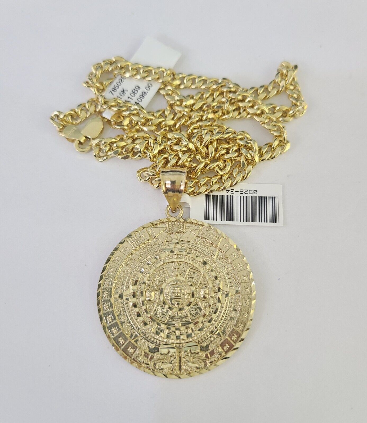 10k Gold Chain Mayan Calendar Pendant Set Miami Cuban link Necklace 5mm 20"-30"