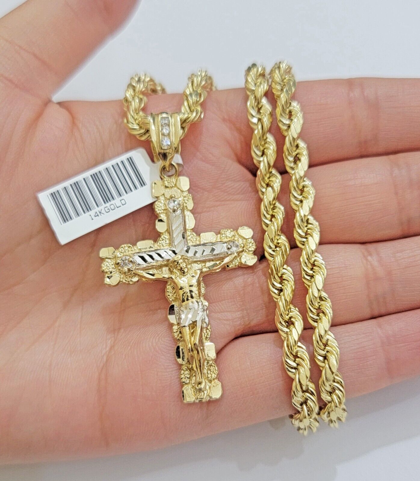 14k Gold Rope Chain Necklace Jesus Cross Charm Pendant Set 20-28" inch 5mm, REAL