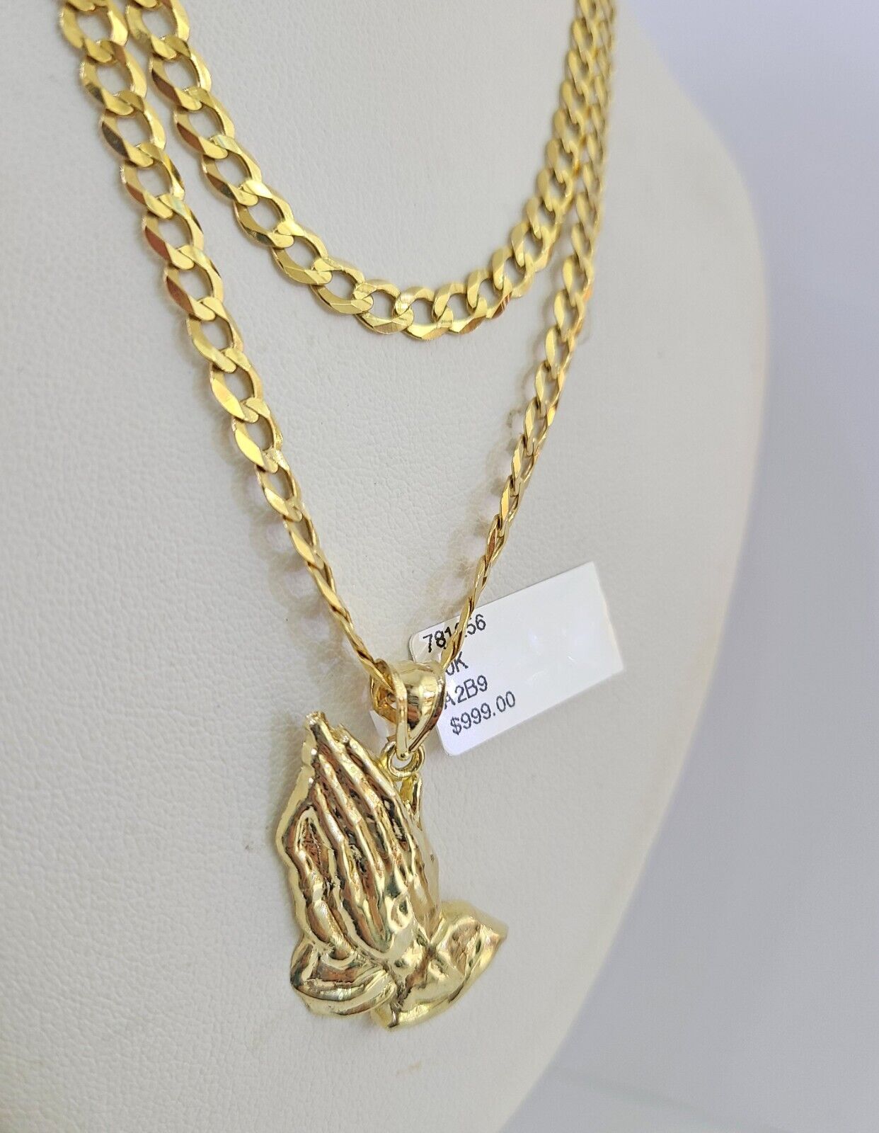 10k Gold Chain Necklace Praying Hands Pendant Set Cuban Curb 5mm 20"-28" Charm