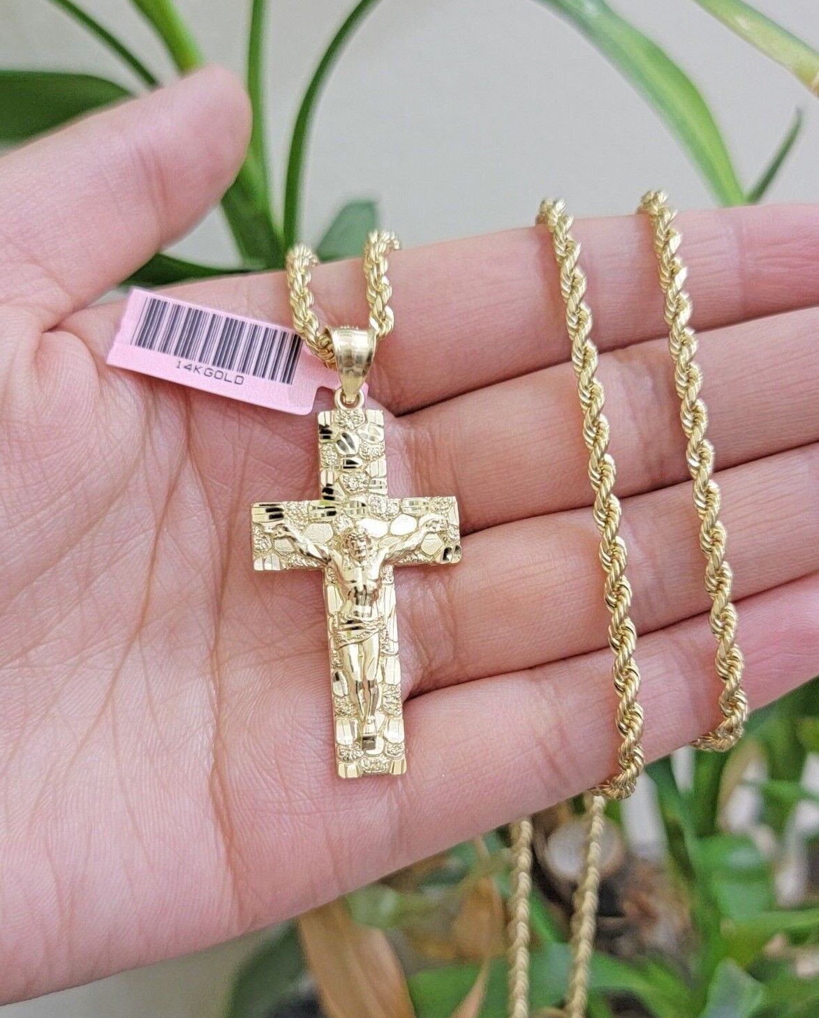 REAL 14k Gold Rope Chain Necklace Nugget Cross Charm Pendant SET 3mm 18 -26 Inch