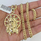 10k Gold Chain Jesus Head Pendant Set Miami Cuban link Necklace 5mm 20-30 Inch