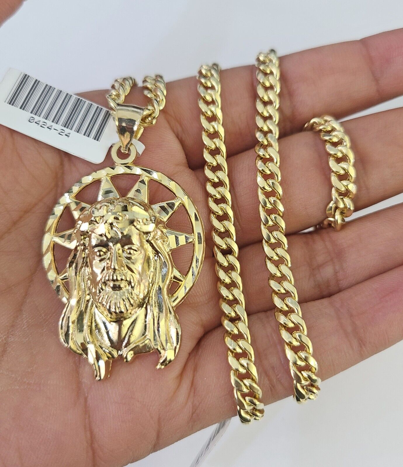 10k Gold Chain Jesus Head Pendant Set Miami Cuban link Necklace 5mm 20-30 Inch