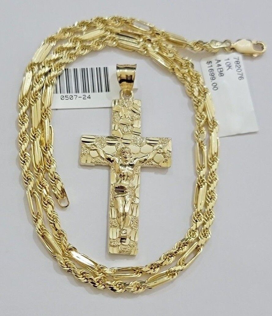 10kt Gold Milano Rope Chain Nugget Cross Charm Pendant Set 18-24'' Inch Necklace