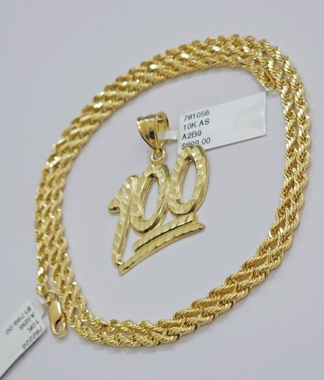 10k Yellow Gold Rope Chain 100 Charm Pendant Set 22 Inch 3mm Necklace REAL SALE
