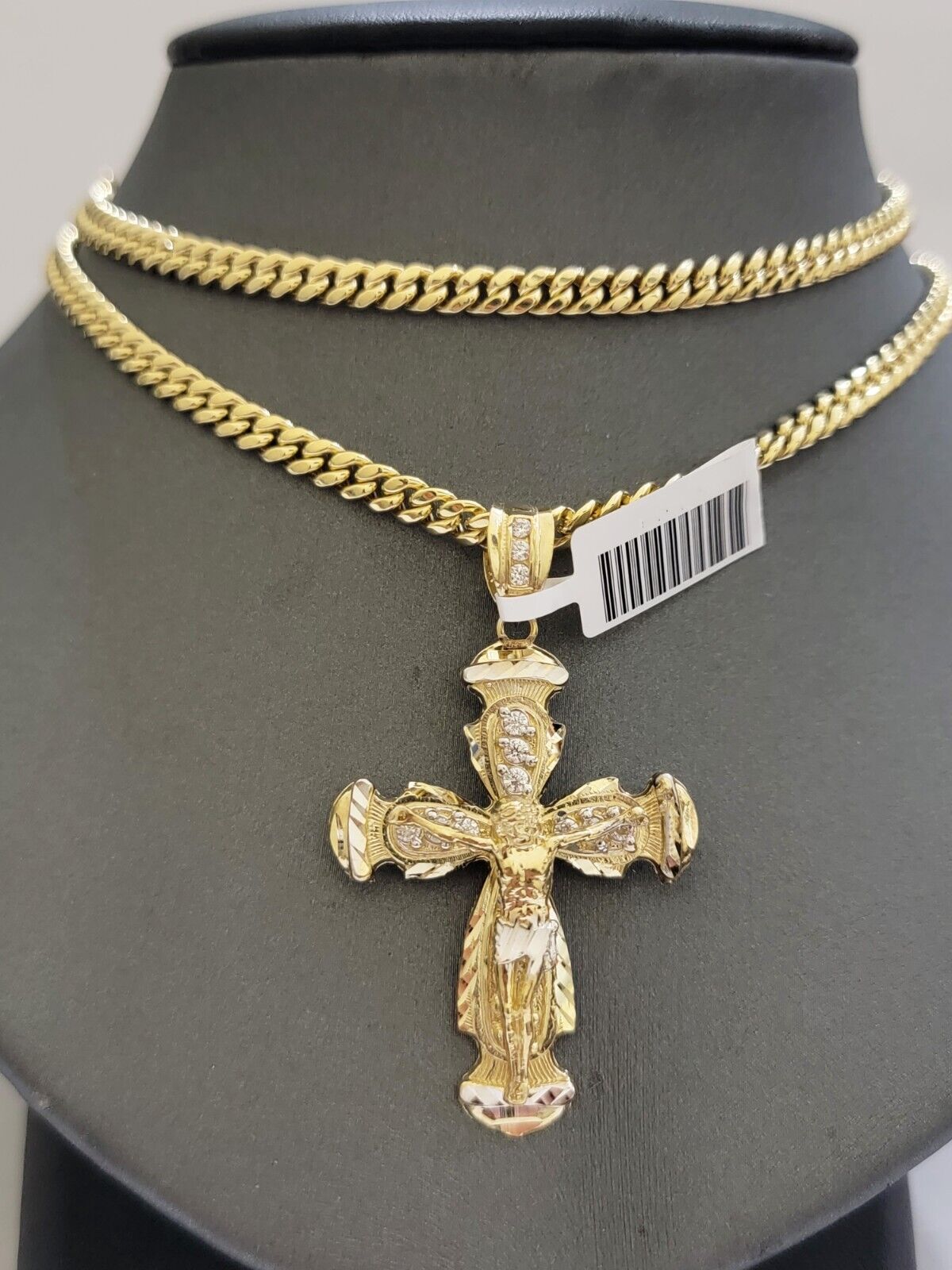 Real 10k Gold Chain Charm Set Cross Pendant Miami Cuban link Necklace 5mm 18-28