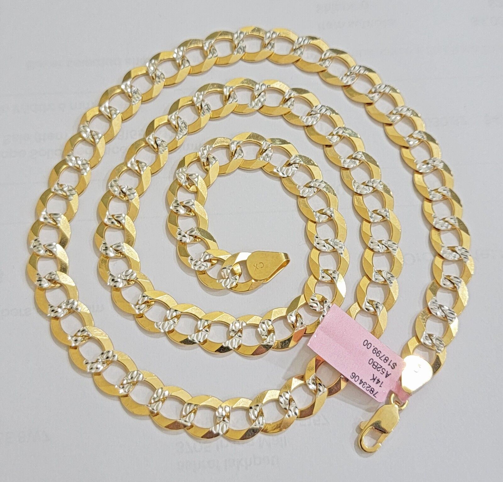 Solid 14k Gold Chain necklace Cuban Curb Link  9.5mm Two-Tone Diamond Cut 20-30
