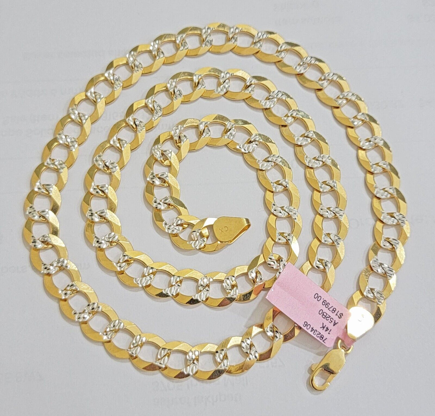 Solid 14k Gold Chain necklace Cuban Curb Link  9.5mm Two-Tone Diamond Cut 20-30"