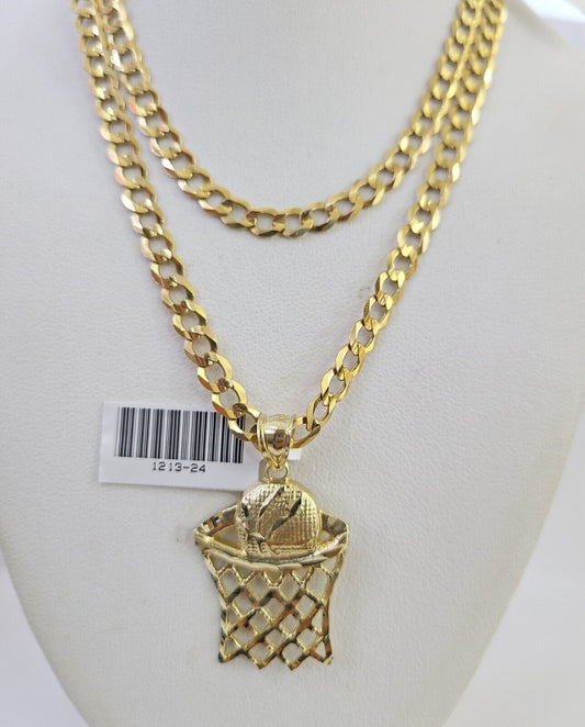 10k Gold Chain Necklace Basket Ball Pendant Set Cuban Curb 5mm 20"-28" Charm