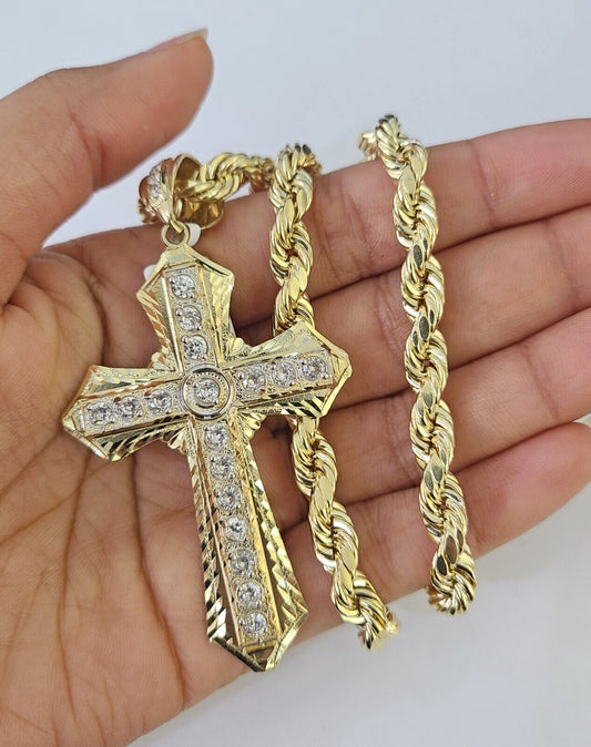 10k Yellow Gold Rope Chain Jesus Cross Charm Pendant 18-30'' Inch 7mm  Necklace