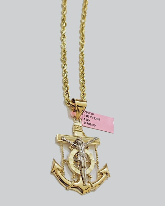 14k Solid Gold Rope Chain Necklace Jesus Anchor Charm Pendant 22'' Inch 4mm 14KT