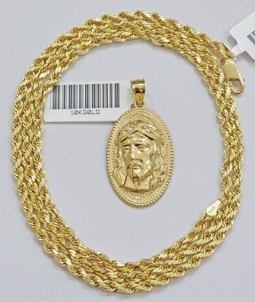 10k Gold Rope Chain Jesus Head Charm Pendant Set 18-28
