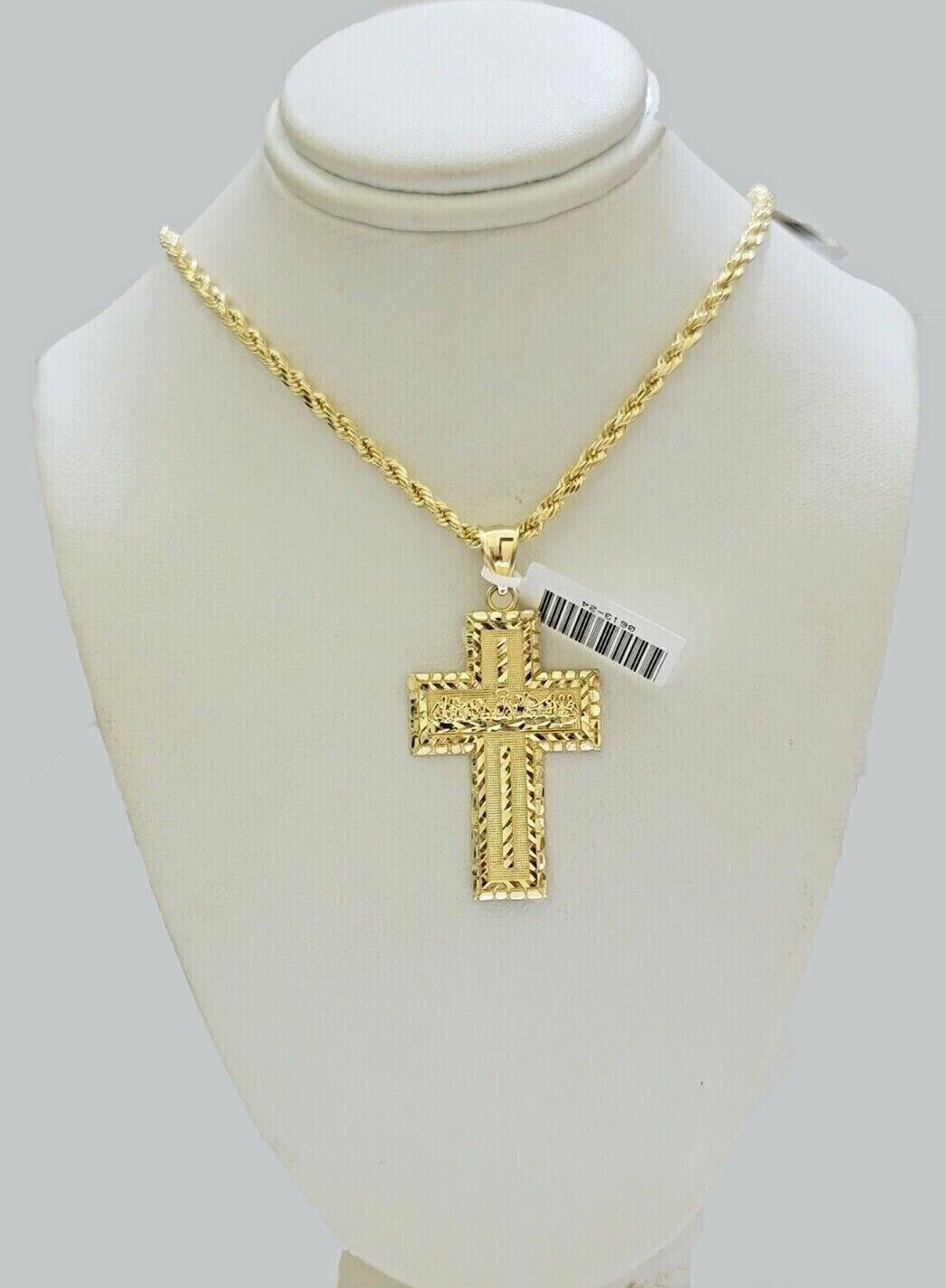 10k Yellow Gold Rope Chain Last Supper Cross Charm Pendant 18-28'' Inch Necklace