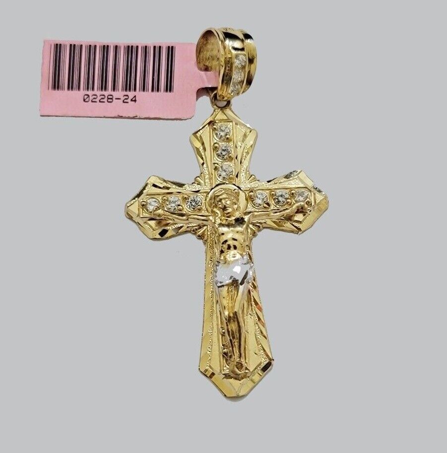 14kt Gold Solid Rope Chain Necklace Jesus Cross Charm CZ Pendant 22'' Inches 4mm