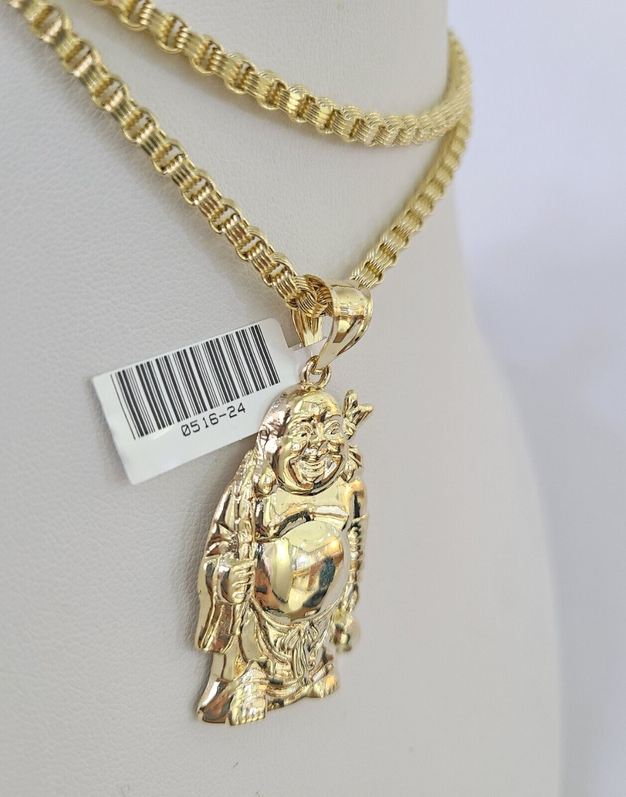 Real 10k Gold Byzantine Necklace Laughing Buddha Charm SET Chain 18"-30" 3mm