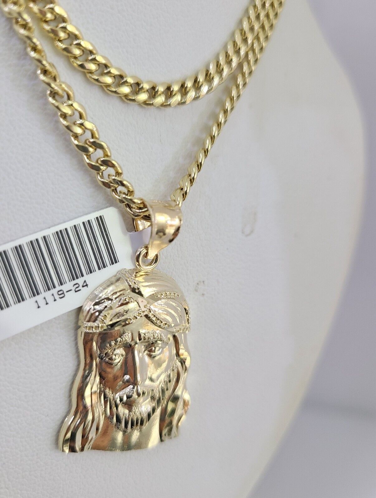 10k Gold Chain Jesus Head Pendant Set Miami Cuban Necklace 4mm 18"-26" Charm