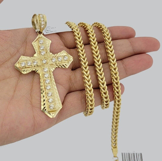 10k Yellow Gold Franco Chain Jesus Cross Charm Pendant 5mm 20-26 Inches Necklace