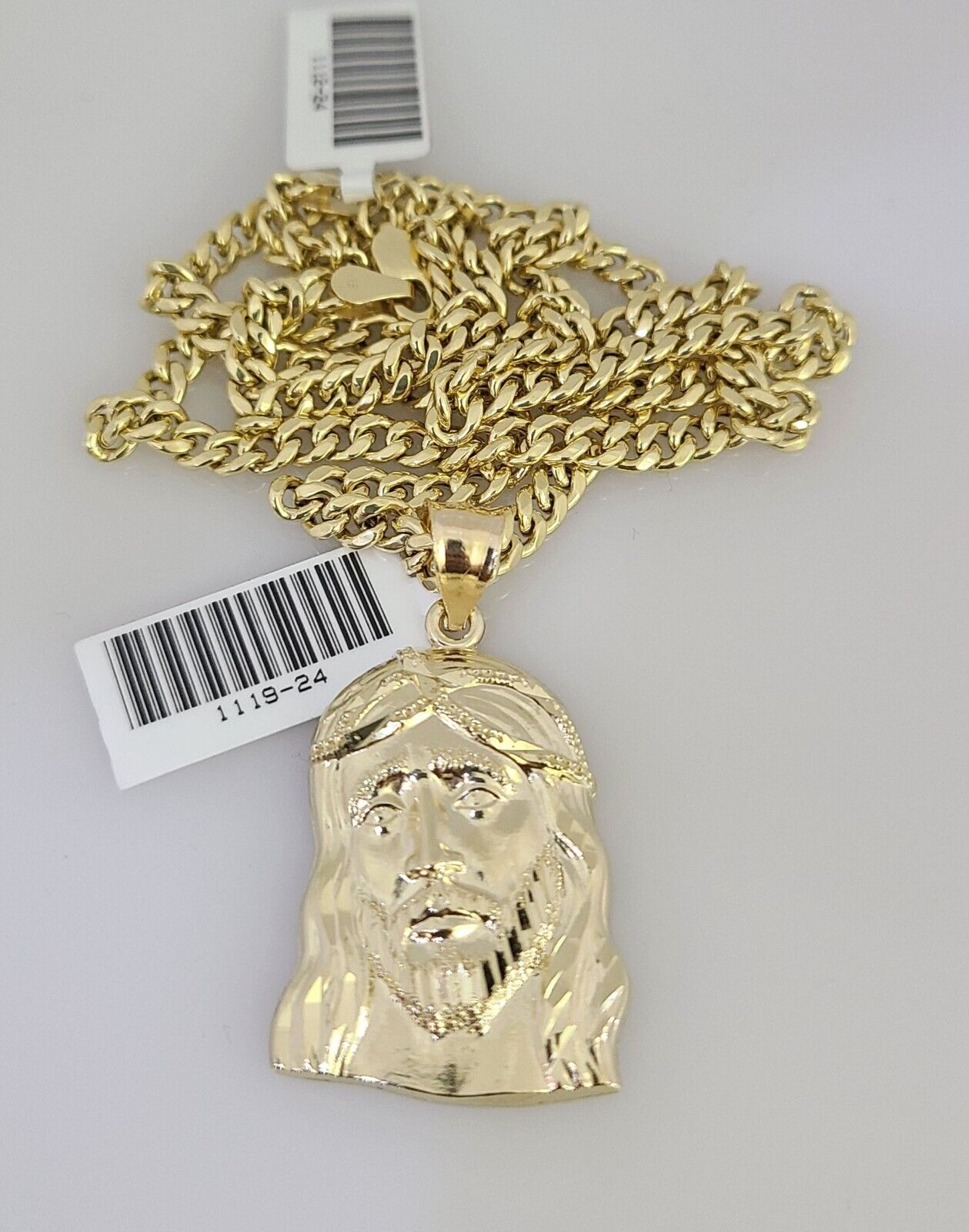 10k Gold Chain Jesus Head Pendant Set Miami Cuban Necklace 4mm 18"-26" Charm