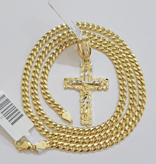 Real 14k Gold Chain & Cross pendant Set 14kt Miami Cuban Link Chain 4mm & Cham