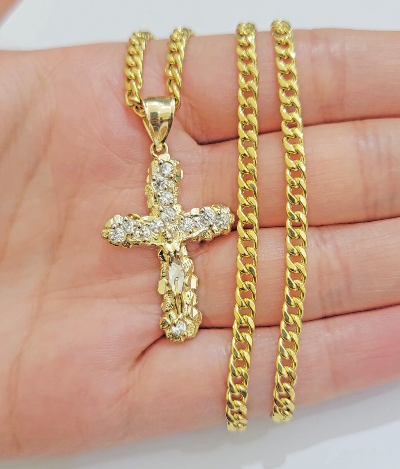 Real 10k Gold Cross Charm Pendant Chain SET 18-26" Miami Cuban Link Necklace Men