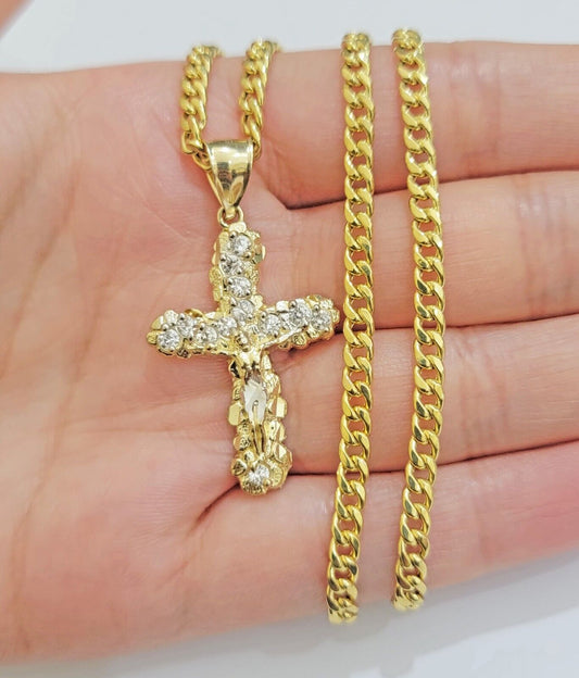 Real 10k Gold Cross Charm Pendant Chain SET 18-26" Miami Cuban Link Necklace Men