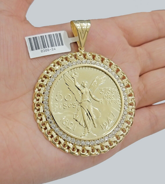 1947 Mexican Centenario Coin Charm Pendant Replica 50 Pesos With Bezel 10kt Gold