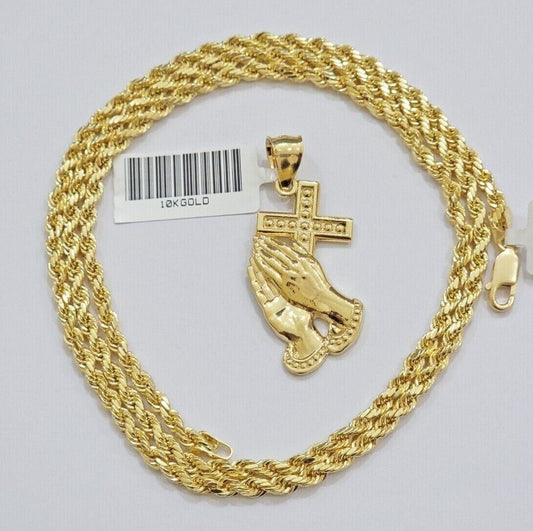 10k Gold Rope Chain Praying Hand Charm Pendant Set 22'' Inches 3mm Necklace REAL
