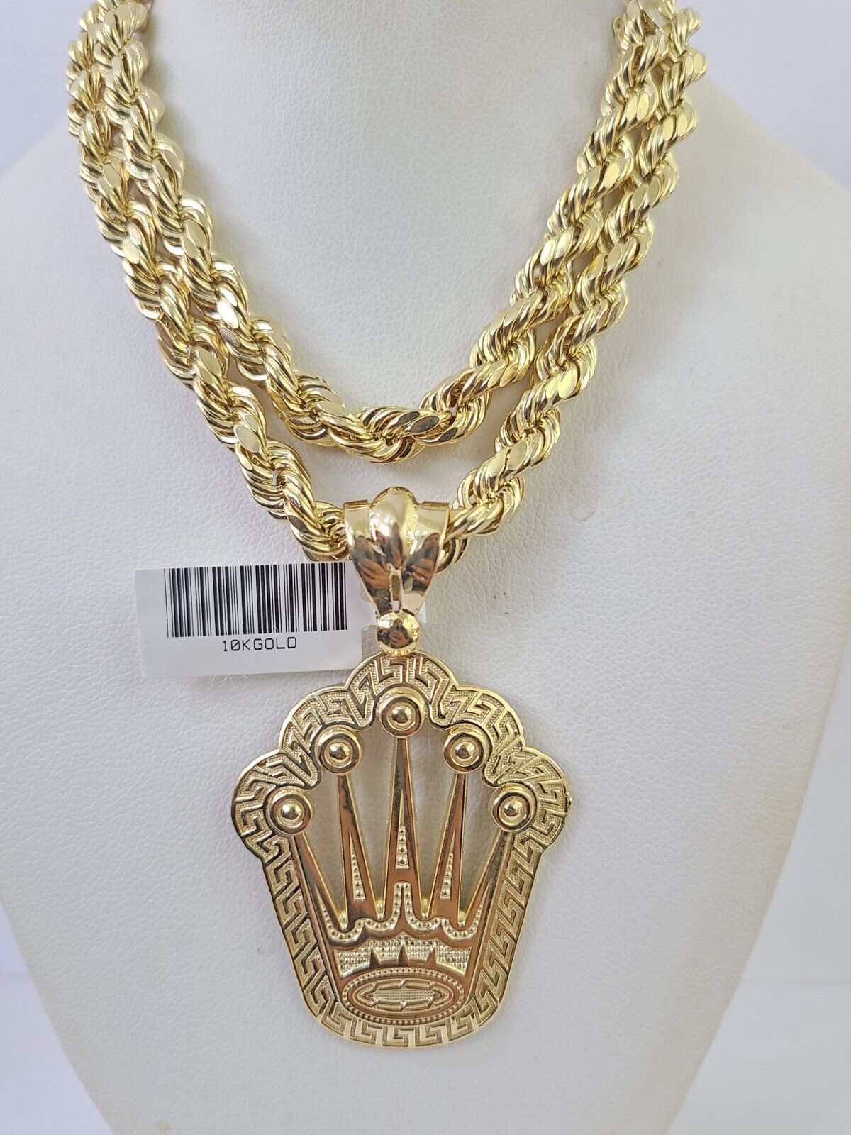 10k Yellow Gold Rope Chain Crown Charm Pendant 18-30'' Inch 7mm  Necklace