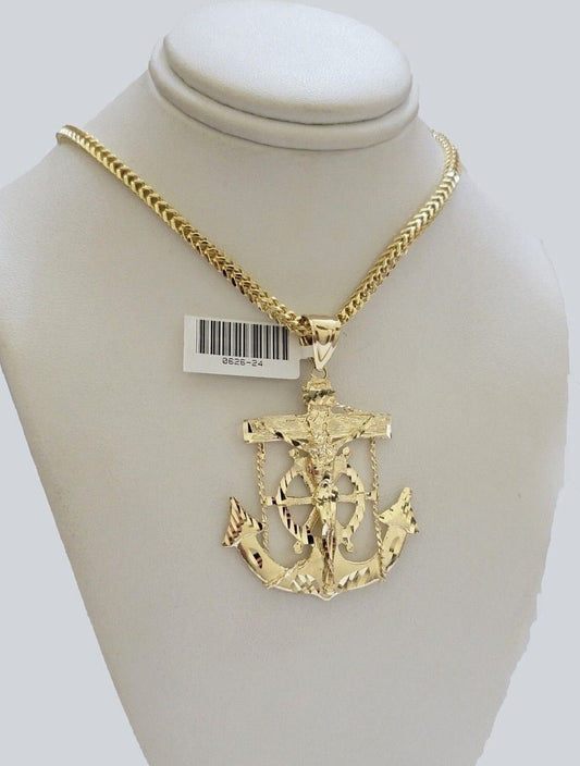 10k Yellow Gold Franco Chain Necklace Anchor Charm Pendant 3mm 18"-26" Inch SALE