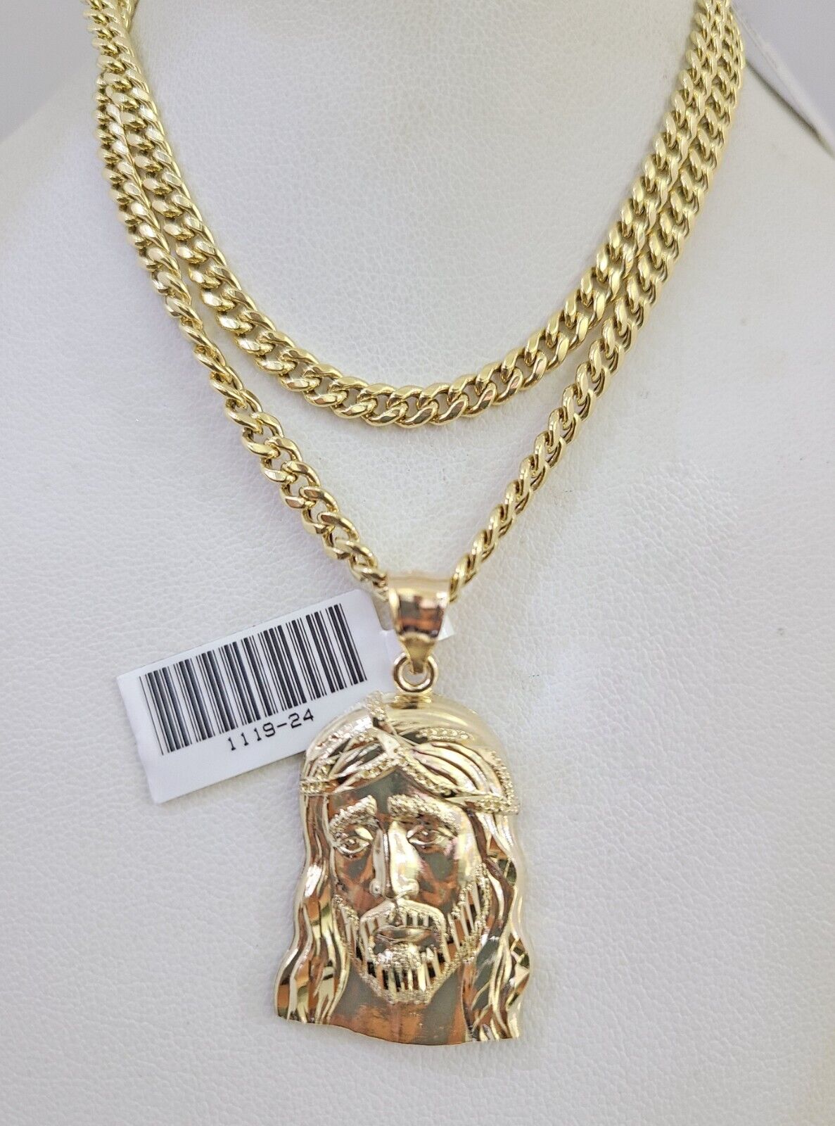 10k Gold Chain Jesus Head Pendant Set Miami Cuban Necklace 4mm 18"-26" Charm