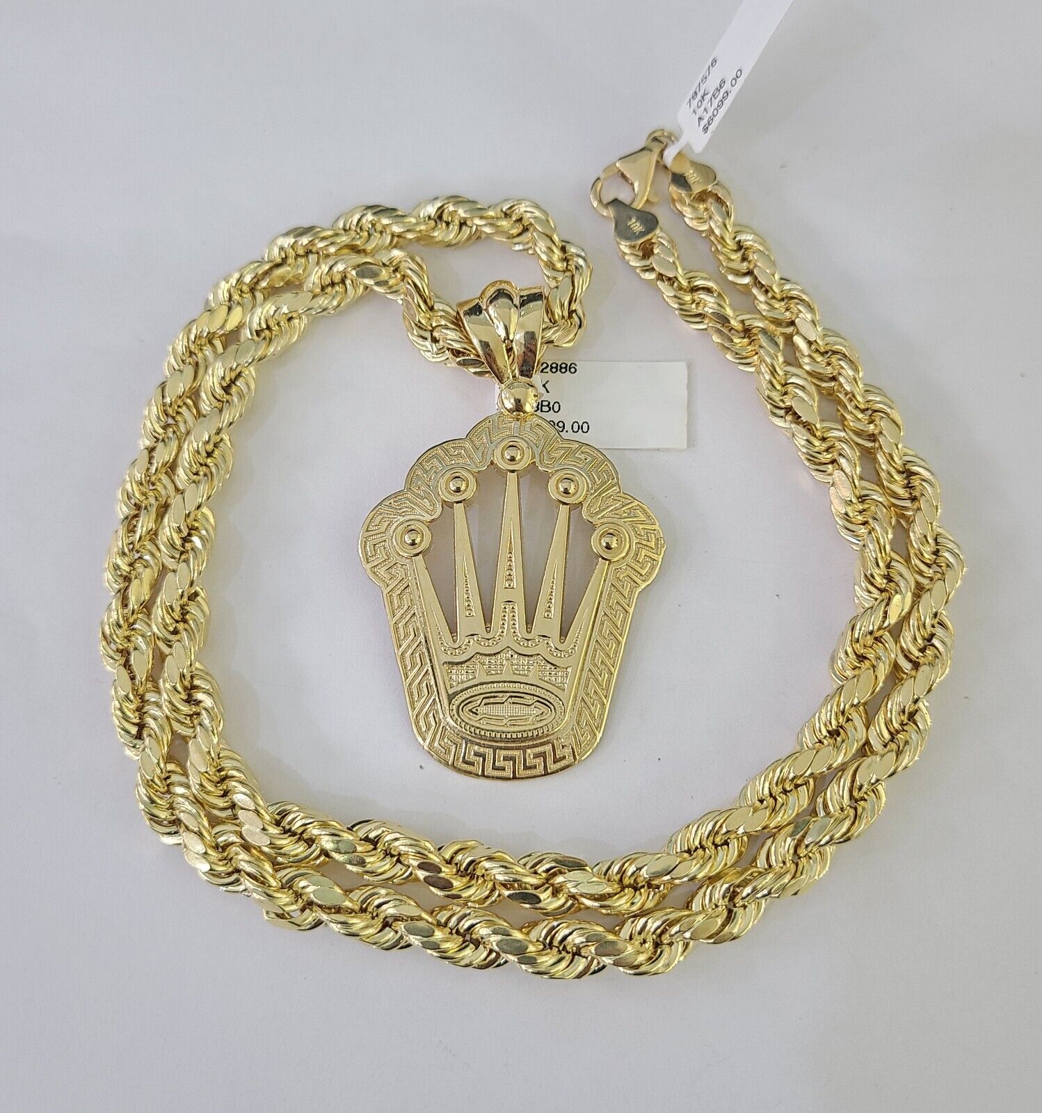 10k Yellow Gold Rope Chain Crown Charm Pendant 18-30'' Inch 7mm  Necklace