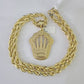 10k Yellow Gold Rope Chain Crown Charm Pendant 18-30'' Inch 7mm  Necklace