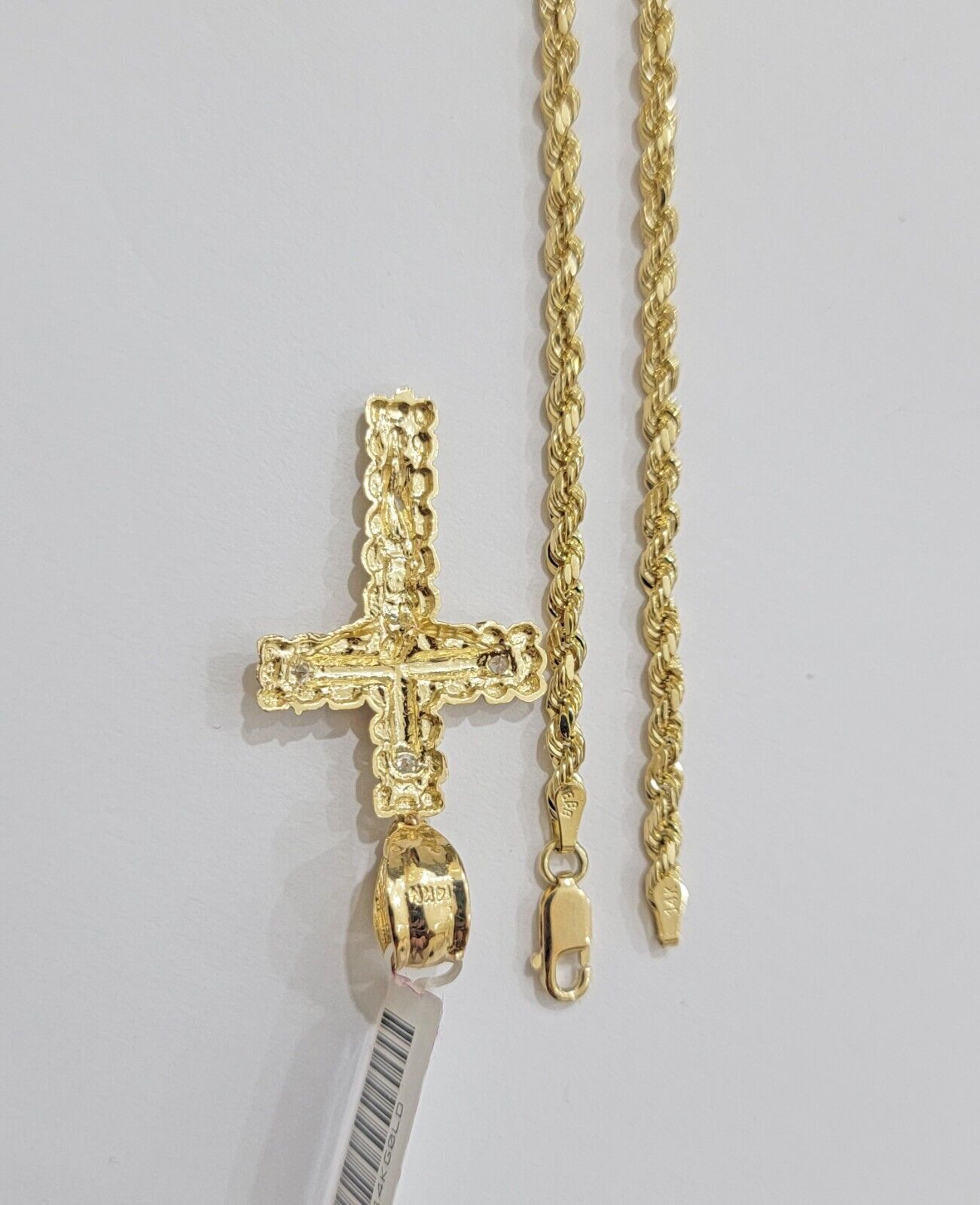 Real 14k Gold Rope Chain Necklace Jesus Cross Charm Pendant Set 16-28