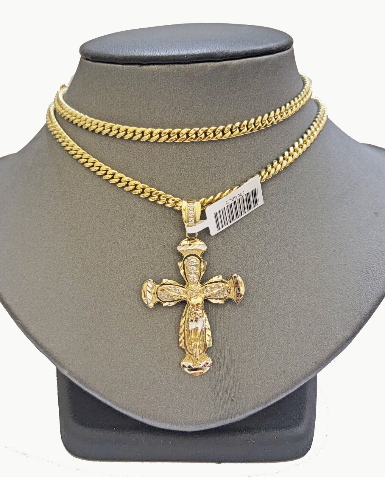 Real 10k Gold Chain Charm Set Cross Pendant Miami Cuban link Necklace 5mm 18-28
