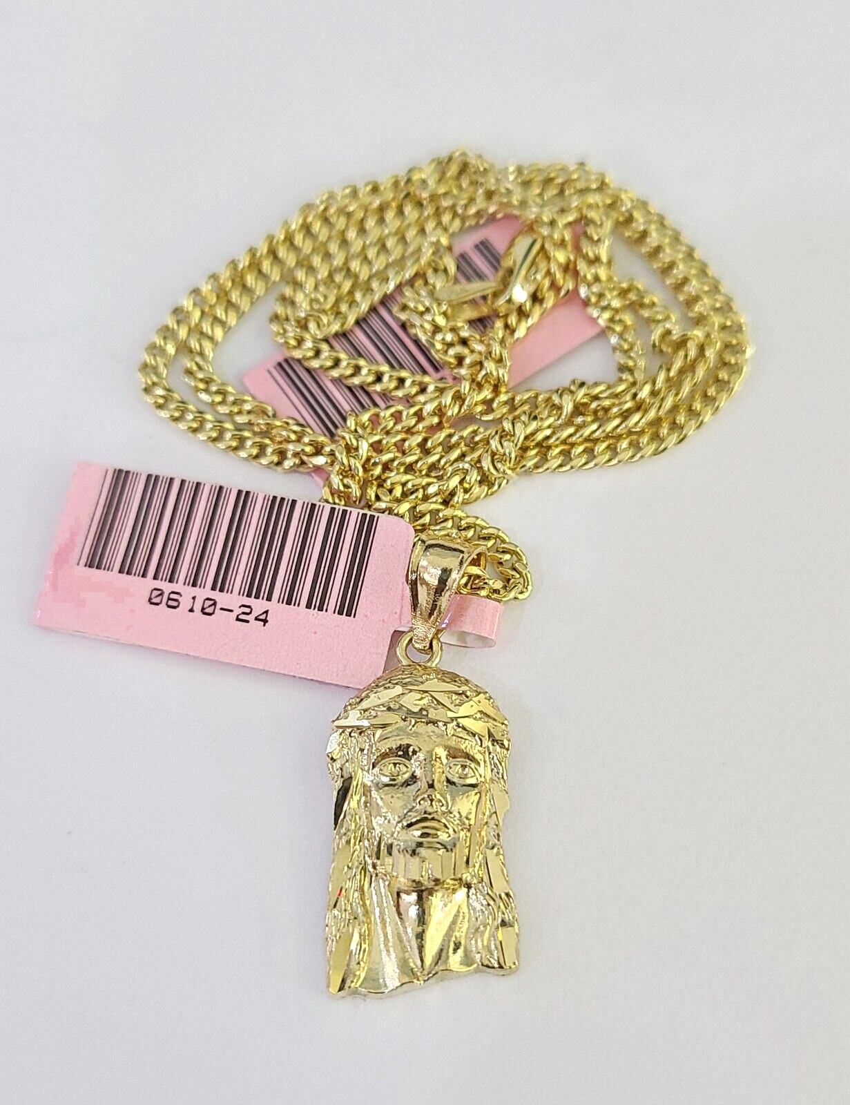 Real 14k Gold Chain Jesus Head Pendant Set 14kt Miami Cuban Link Chain 2mm Charm