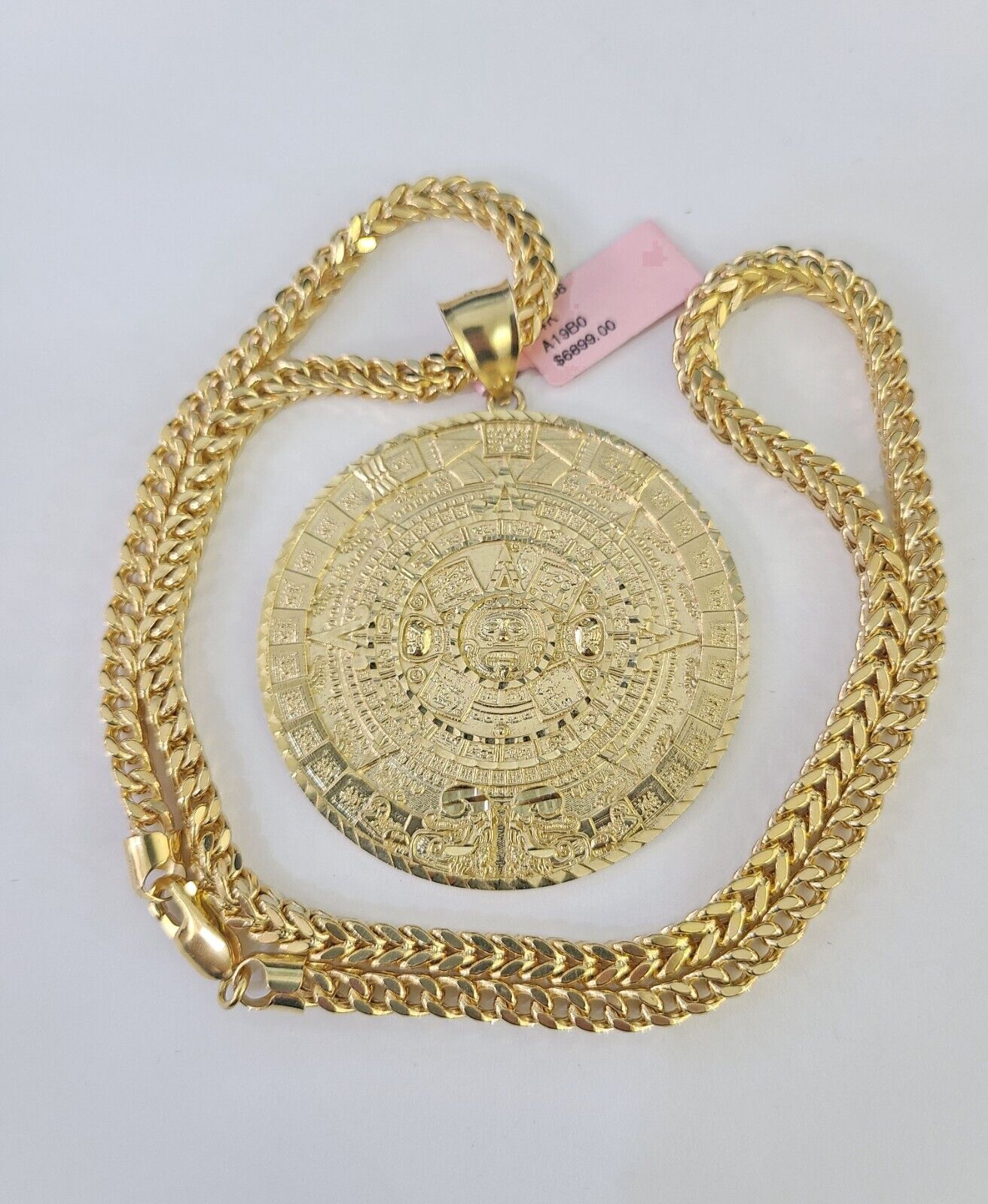 14k Yellow Gold Franco Chain Necklace Mayan Calendar Charm Pendant 4mm 22"Inch