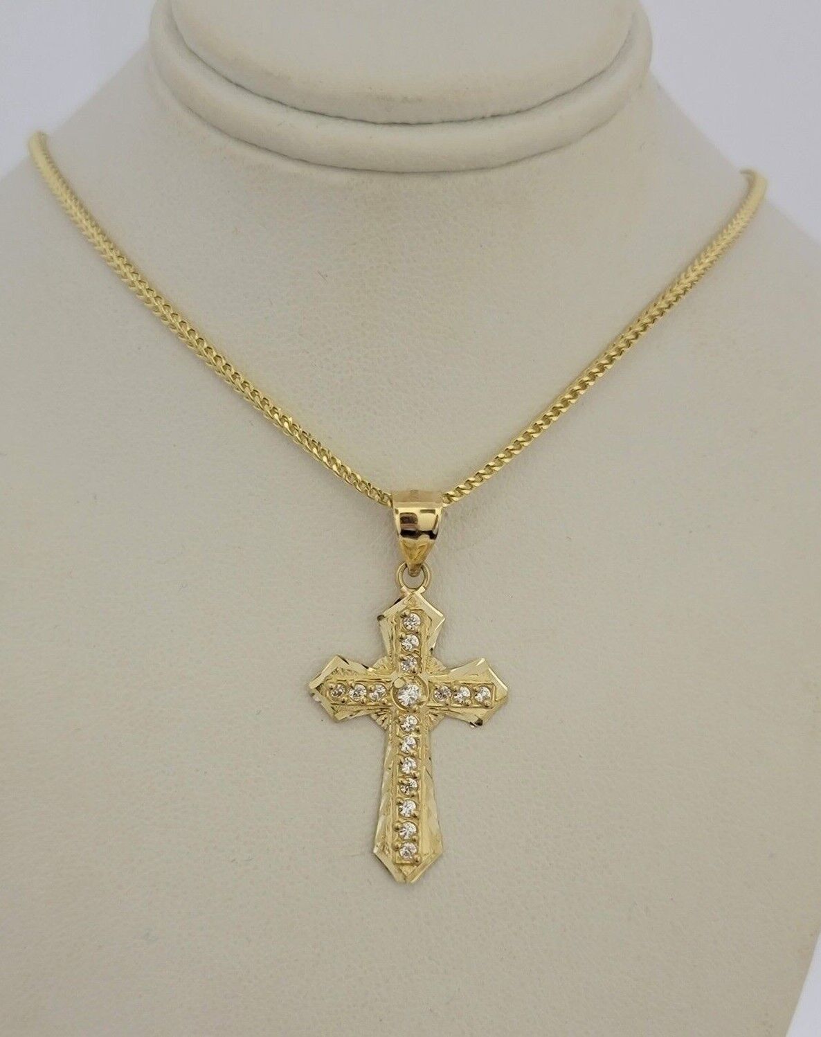 10k Yellow Gold Franco Chain Jesus Cross Charm Pendant 2mm 16-24 Inches Necklace