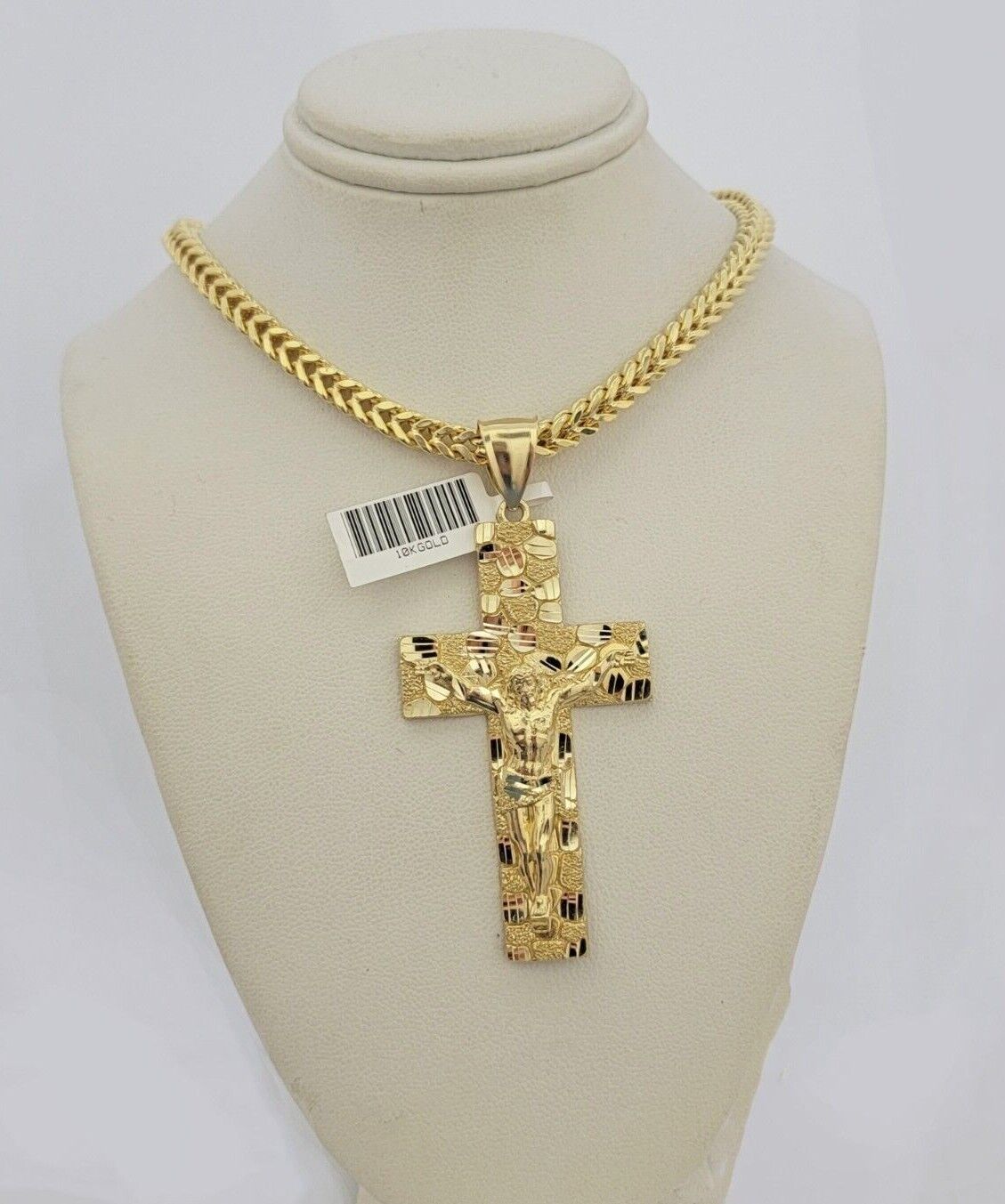 10kt Yellow Gold Franco Chain Necklace Nugget Cross Charm Pendant 5mm 20-26 Inch